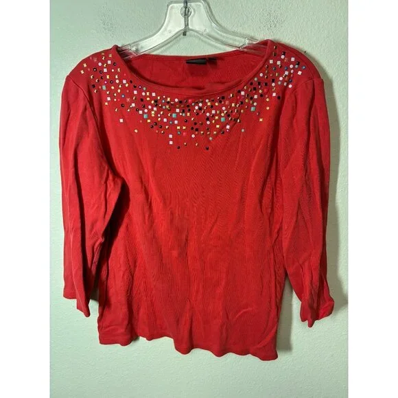Rafaella Blouse T-Shirt Embellished 3/4 Sleeve Granny Casual Coral Size Large - Picture 1 of 5